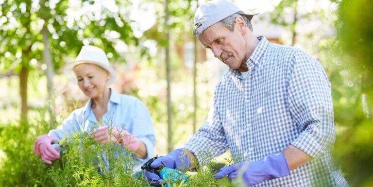 Elderly Couple Gardening with Gloves Outdoors at Assisted Living Facility