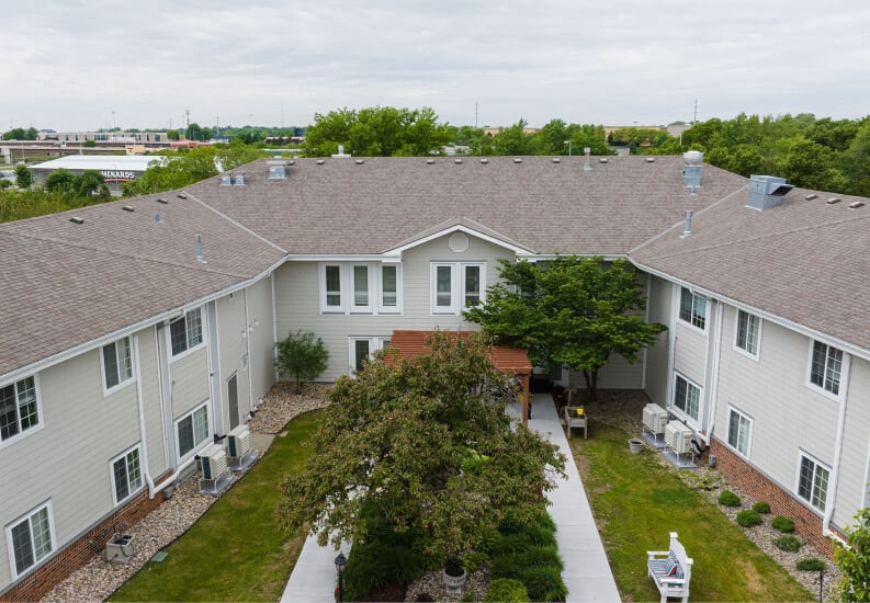 Aerial View of Residential Building Courtyard at Assisted Living Community in Omaha NE Aerial View of Residential Building Courtyard at Assisted Living Community in Omaha NE